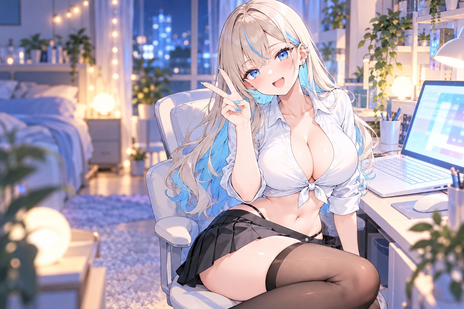 夜の部屋のデスクで、ノートパソコンの横でピースする結びシャツの白瀬ネオン