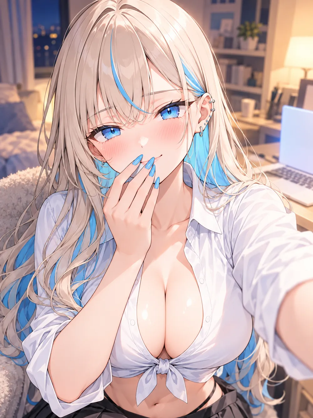 指先で口元を隠して自撮りする結びシャツの白瀬ネオン